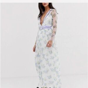 DUSTY DAZE lace plunge midi dress with lavender waist belt